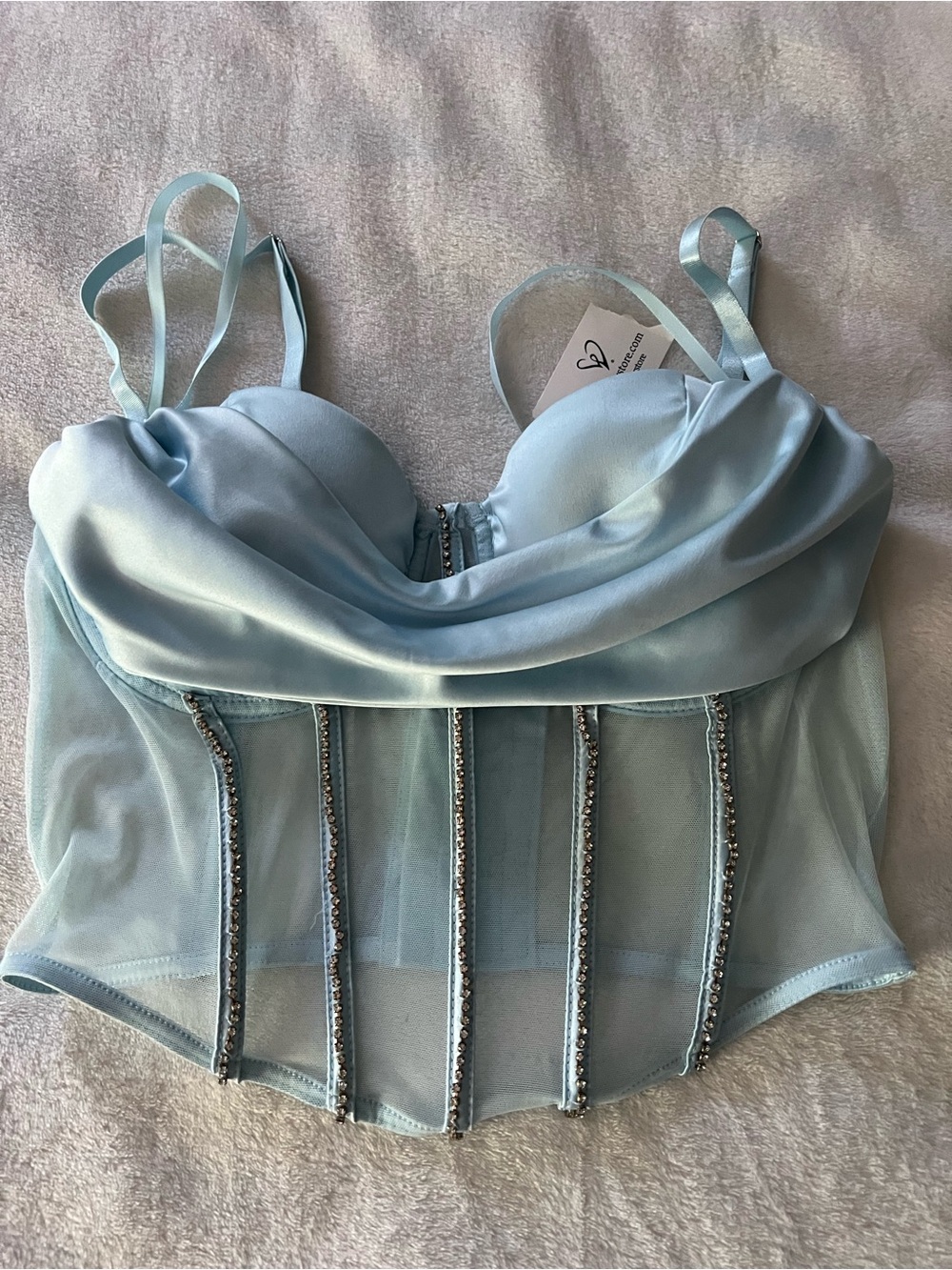 Windsor Light Blue Satin & Mesh Rhinestone Bustier Camisole